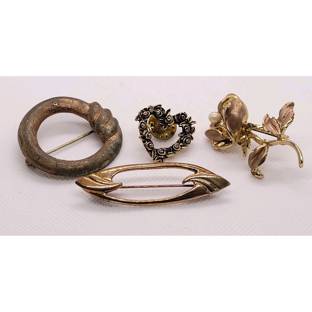 Lot of 4 Mixed Tone Brooch Pins Floral Heart Rose Oval Circle Vintage Style